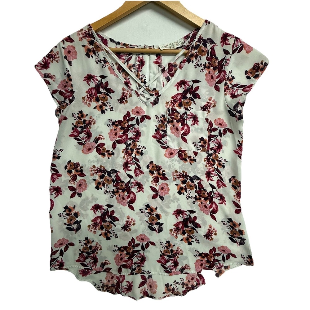 Pink Rose Floral Blouse Womens M Criss Cross Neck Boho Casual‎ Top